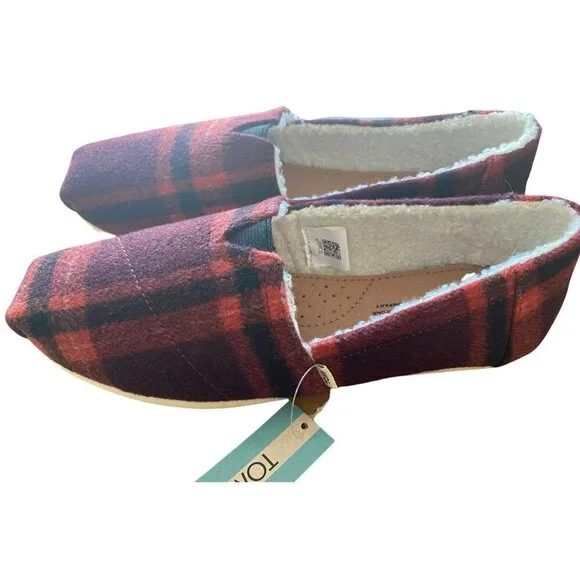 TOMS Womens 9.5 Belmont Red Plaid with Faux Shearling Slip On Shoes New‎ - Picture 4 of 6